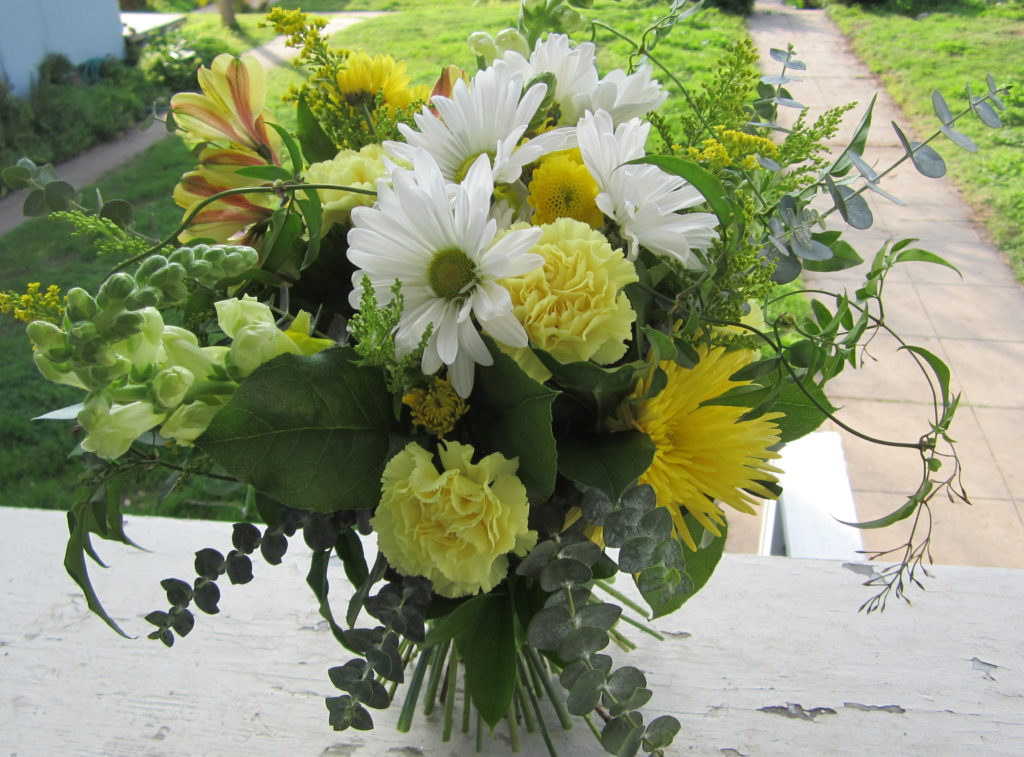 hand tied bouquet with yellow alstroemeria